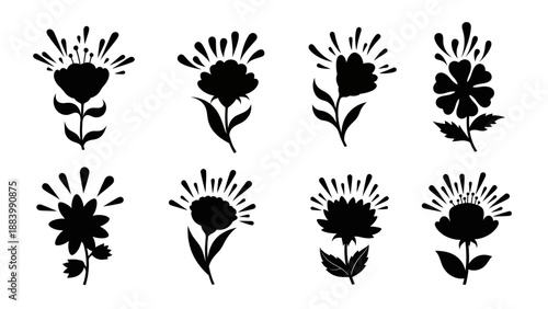 Set of black floral silhouettes with decorative flower heads and leaf stems creative botanical elements for garden design and nature themes isolated