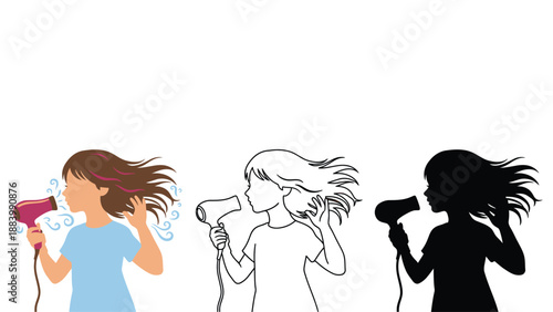 A woman using a hair dryer in different styles and colors.