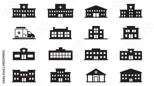Collection of various building icons representing different architectural styles and structures displayed in a grid formation