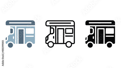 Three different colored icons of a camper van on a white background
