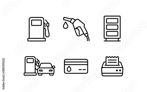 Gas station icons set for vehicle refueling and payment transactions