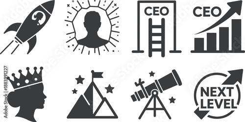 A collection of black and white icons representing business success and leadership