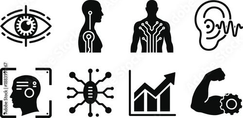 A collection of black and white icons representing human body and technology