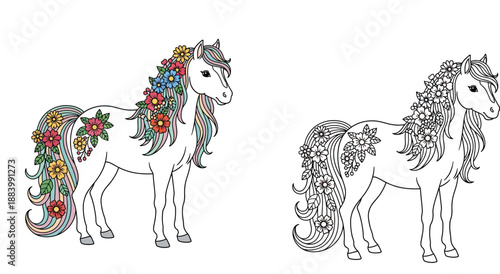 Cute horse with floral mane and tail vector illustration set. Beautiful pony with flowers in colored and black and white outline style for coloring book page, isolated on white background.