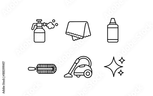 Collection of simple line icons representing cleaning tools and services for household chores
