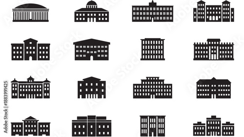 Collection of various building silhouettes depicted in a simple, monochromatic style from different viewpoints