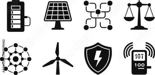 A collection of black icons representing sustainable energy and technology