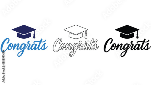 A set of congratulatory graduation icons with different colored text and caps