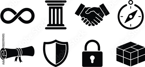 A collection of black and white icons representing various concepts and symbols