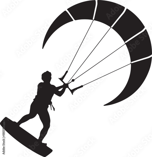 Kitesurfing Silhouette Vector Illustration Icon. Man Riding Kiteboard, Extreme Water Sport, Adventure Activity.
