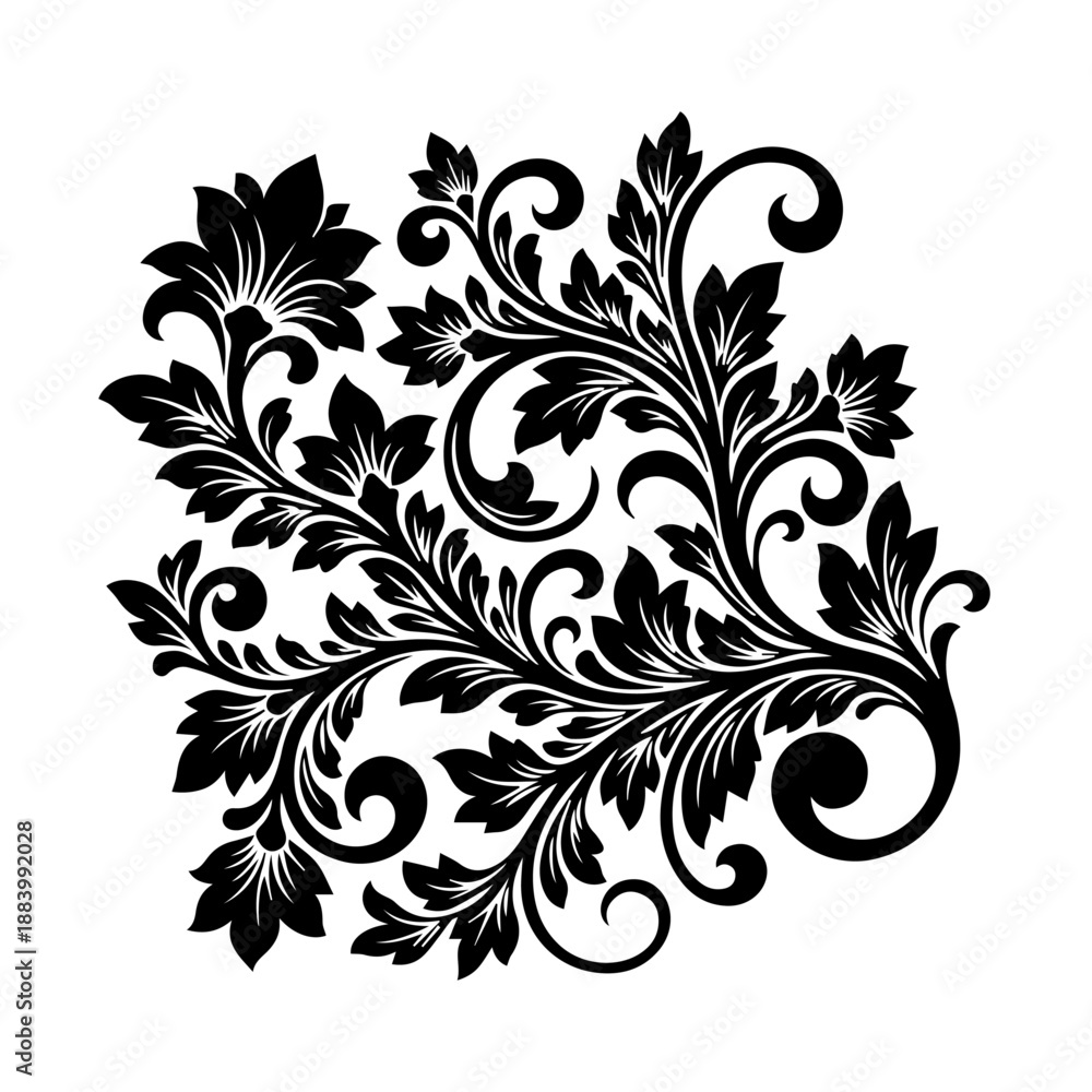 Obraz premium Intricate floral illustration featuring leaves and flowers in a decorative pattern from a direct viewpoint