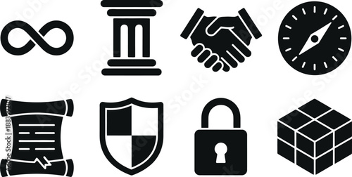 A collection of black and white icons representing security and protection