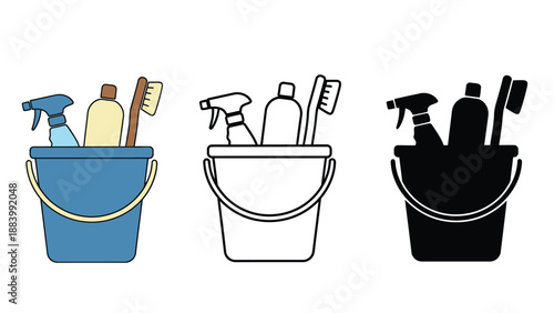 Essential cleaning supplies organized in buckets for household chores