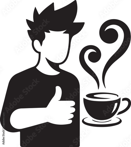 Smiling Man Giving Thumbs Up for Hot Coffee or Tea