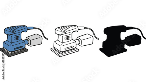 Three electric sanders in different colors on a white background