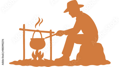 A man cooking outdoors in a serene natural setting with a campfire