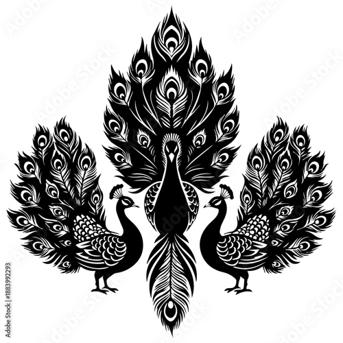 Three majestic peacocks standing together proudly displaying their ornate feathers in a grand symmetrical composition