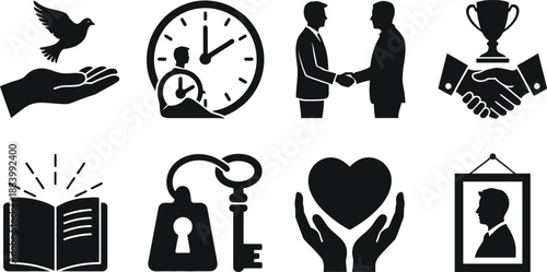 A collection of black and white icons representing business and relationships