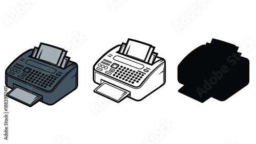 An illustration of three different fax machine designs on a white background