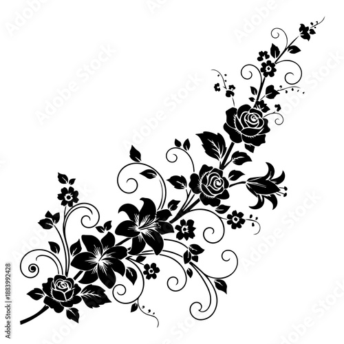 Vibrant Floral Arrangement with Roses and Leaves in a Decorative Vase Setting, Studio, Illustration