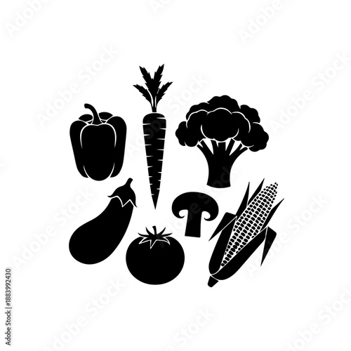 Assorted vegetables and fruits illustration on a clean white background from a straightforward viewpoint