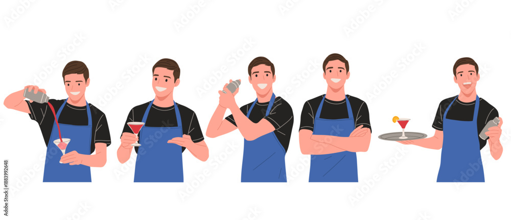 Obraz premium Vector set of a professional bartender making cocktails in different poses pouring, shaking, serving and presenting drinks. Perfect for bar menu, website, advertising, hospitality and night life