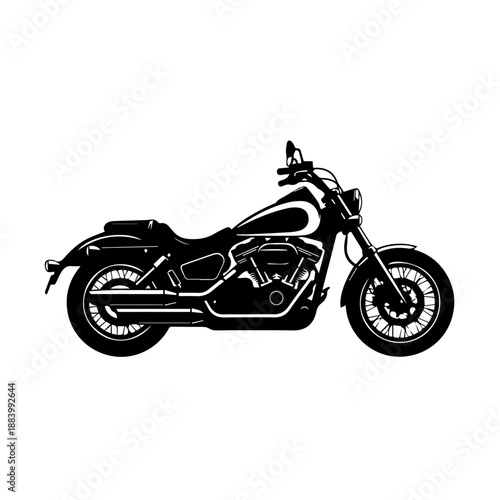 Motorcycle illustration viewed from the side showcasing its sleek black design and detailed features