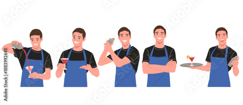 Vector set of a professional bartender making cocktails in different poses pouring, shaking, serving and presenting drinks. Perfect for bar menu, website, advertising, hospitality and night life
