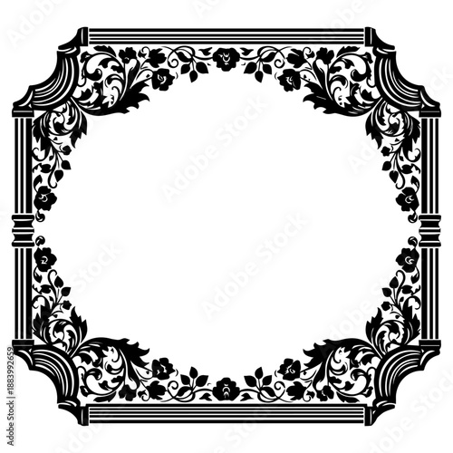 An ornate black and white floral frame with intricate details and empty center