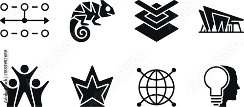 A collection of black and white icons on a plain background