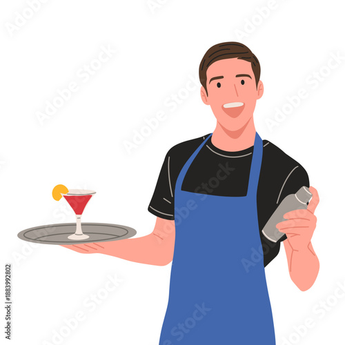 Vector of a professional bartender making cocktails in different poses pouring, shaking, serving and presenting drinks. Perfect for bar menu, website, advertising, hospitality and night life