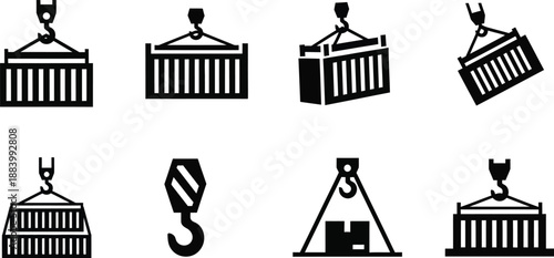 Containers being lifted by crane hooks. Cargo transport, shipping, and industrial lifting equipment vector icons set. Containers being lifted by crane hooks silhouettes. 