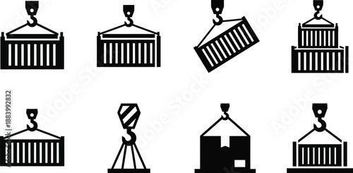 Containers being lifted by crane hooks. Cargo transport, shipping, and industrial lifting equipment vector icons set. Containers being lifted by crane hooks silhouettes. 