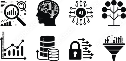 A collection of black and white icons representing data analysis and artificial intelligence