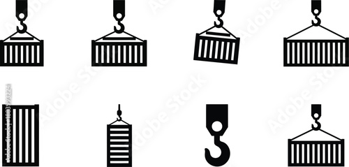 Containers being lifted by crane hooks. Cargo transport, shipping, and industrial lifting equipment vector icons set. Containers being lifted by crane hooks silhouettes. 