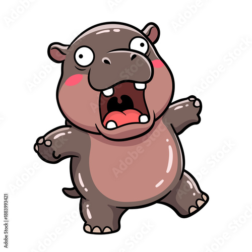 Funny baby pygmy hippo yawning or screaming. Adorable wet chubby animal mascot in trendy kawaii design. Viral zoo meme concept vector.