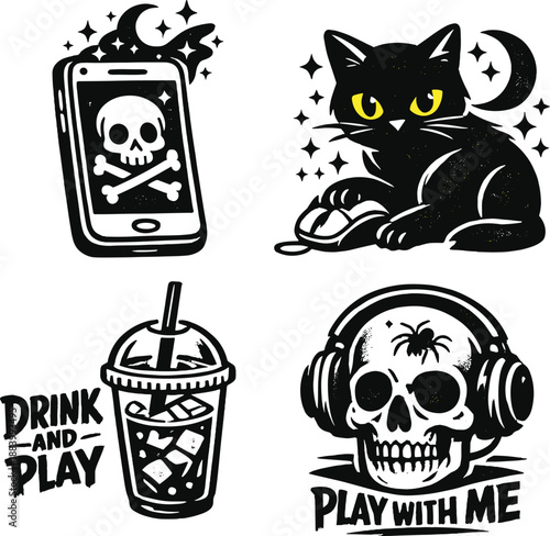 Set of dark lifestyle illustrations featuring a hacker smartphone, gaming cat, iced coffee, and a skull with headphones.