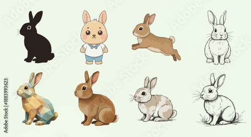 A collection of eight diverse illustrations of rabbits in various styles and colors, including cartoon, sketch, and geometric designs.