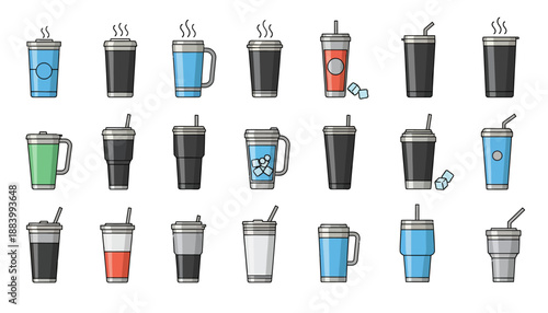 A collection of various beverage containers including hot coffee cups, cold drink tumblers, and reusable mugs in a flat icon style.