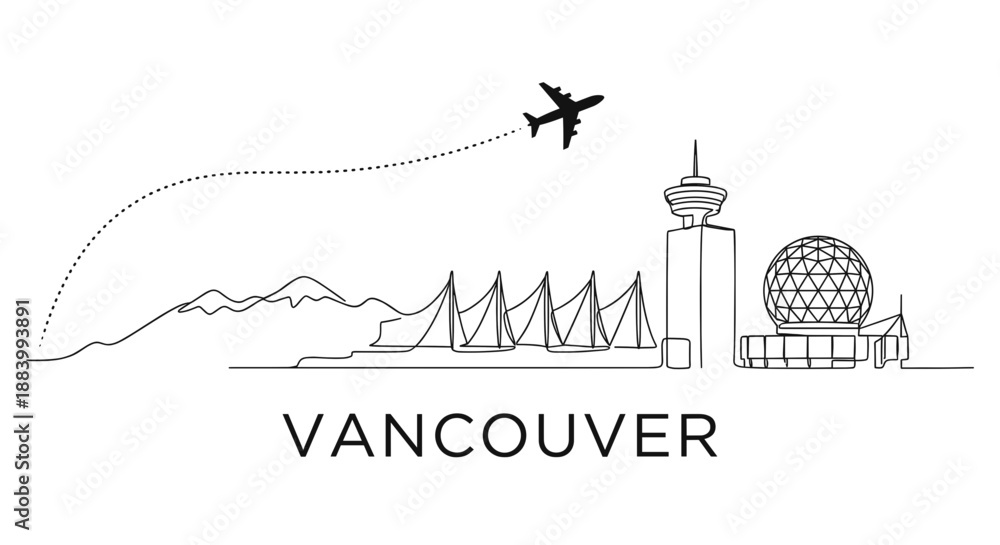 Obraz premium Vancouver skyline with airplane flying over landmarks vector illustration