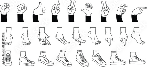 Hand foot and shoe gesture outline vector set with sign language poses pointing hands and footwear line art