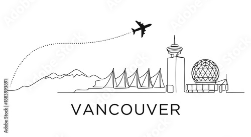 Vancouver skyline with airplane flying over landmarks vector illustration