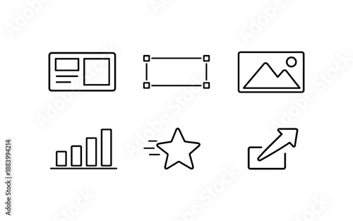 Collection of six simple line icons representing common digital interface elements and actions