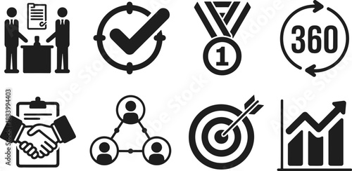 A collection of business strategy icons on a white background