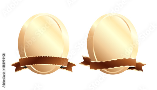 ゴールドの楕円形メダルとリボンのセット。ブラウンの波打ち際リボンが特徴の空白エンブレム、アニバーサリー、品質保証、表彰、高級商品のロゴラベルに最適な高品質ベクター素材。