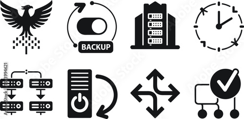 A collection of black and white icons representing data backup and security