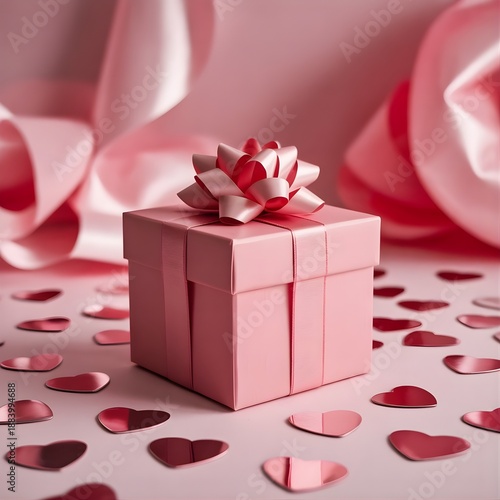 Elegant pink gift box with heart confetti