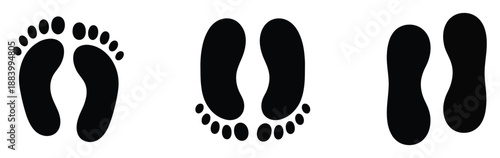  Footprint icon, barefoot footprints shoe prints adult steps, human walking foot impressions with shoes boot soles vector illustration.