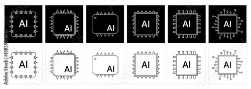 AI Chip Icon Set in Line Style, Artificial Intelligence Processor and Microchip Symbols on Black and White Backgrounds