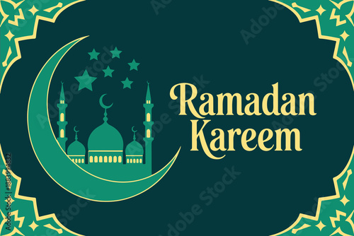 Ramadan Kareem Islamic Greeting Card with Mosque and Crescent Moon. Ramadan Kareem Typography with Islamic Mosque Vector Illustration. Ramadan Kareem Festive Islamic Vector for Social Media and Poster